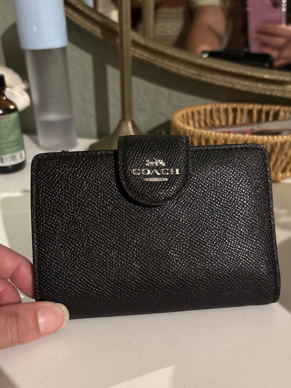 Coach Black Textured Leather Snap Wallet with Gold Logo